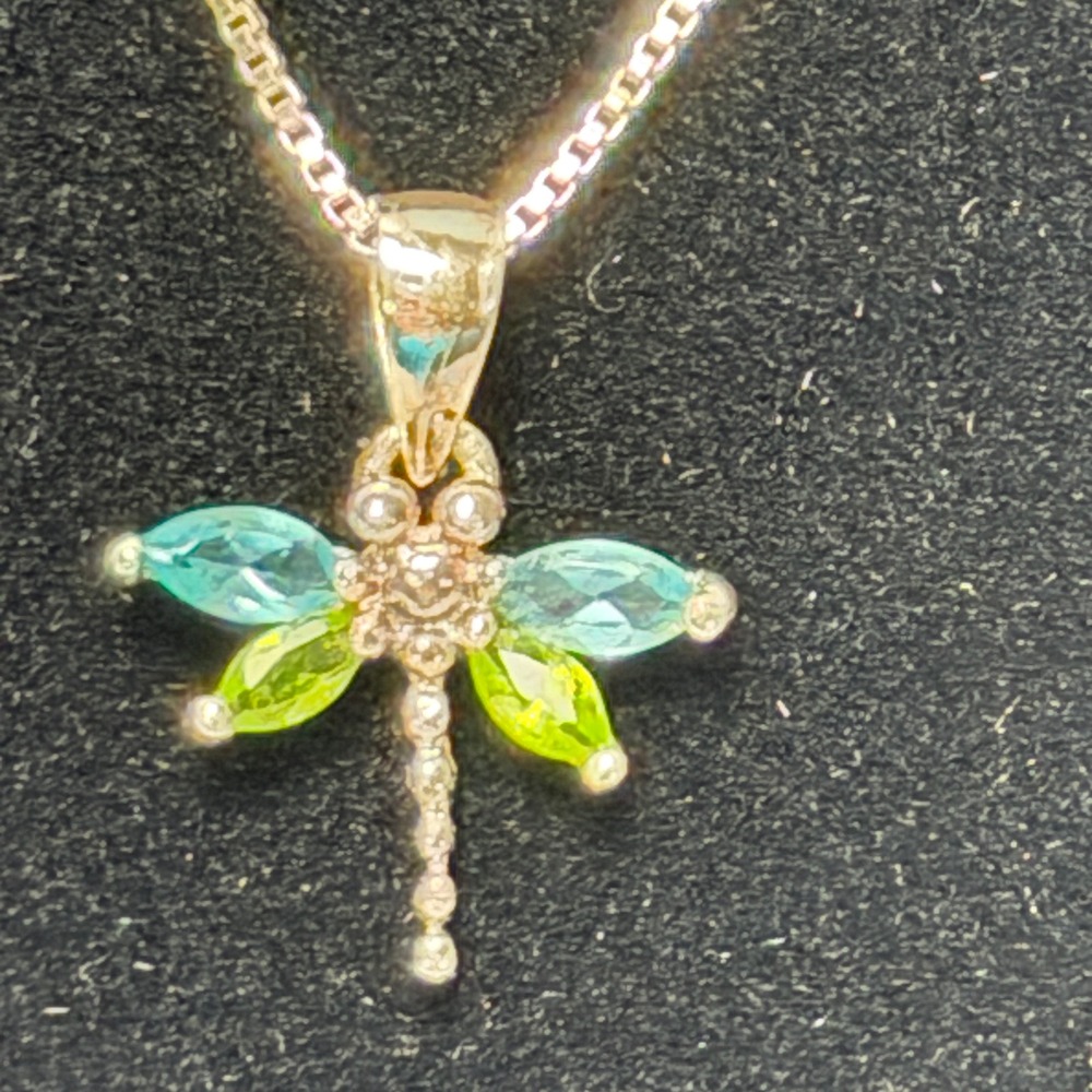 Sterling Silver Dragonfly Pendant Necklace Blue Green Gemstones Box Chain Lovely
